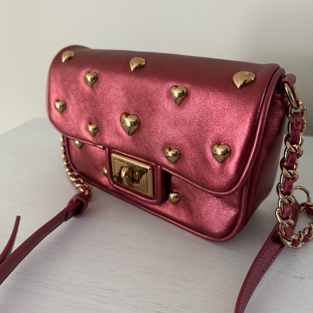 Karl Lagerfeld Metallic Burgundy Heart Flap Bag - Picture 10 of 10